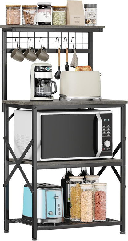 Furologee 4-Tier Kitchen Baker’s Rack with Pegboard & Hooks – Microwave Stand, Coffee Bar Station, Storage Shelf for Spices & Cookware, Black Oak