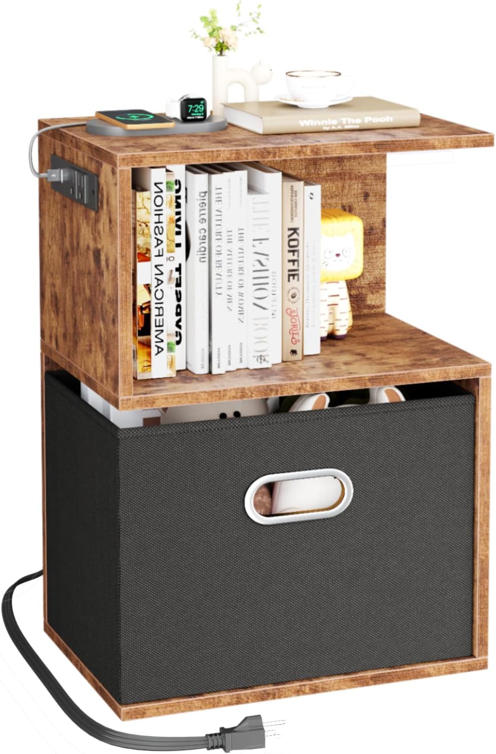 Modern 3-Tier Bedside Table with Charging Station and Storage Drawer, Wood Nightstand for Small Spaces in Bedroom or Living Room