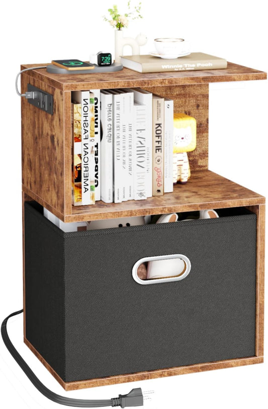 Modern 3-Tier Bedside Table with Charging Station and Storage Drawer, Wood Nightstand for Small Spaces in Bedroom or Living Room