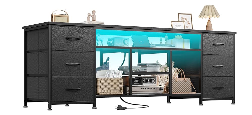 Furologee 63in Dresser TV Stand with LED Lights & Charging Station Black Chest of Drawers with 6 Fabric Drawers for 60 65 70 inch TVs Open Storage Shelves TV Stand for Bedroom Living Room