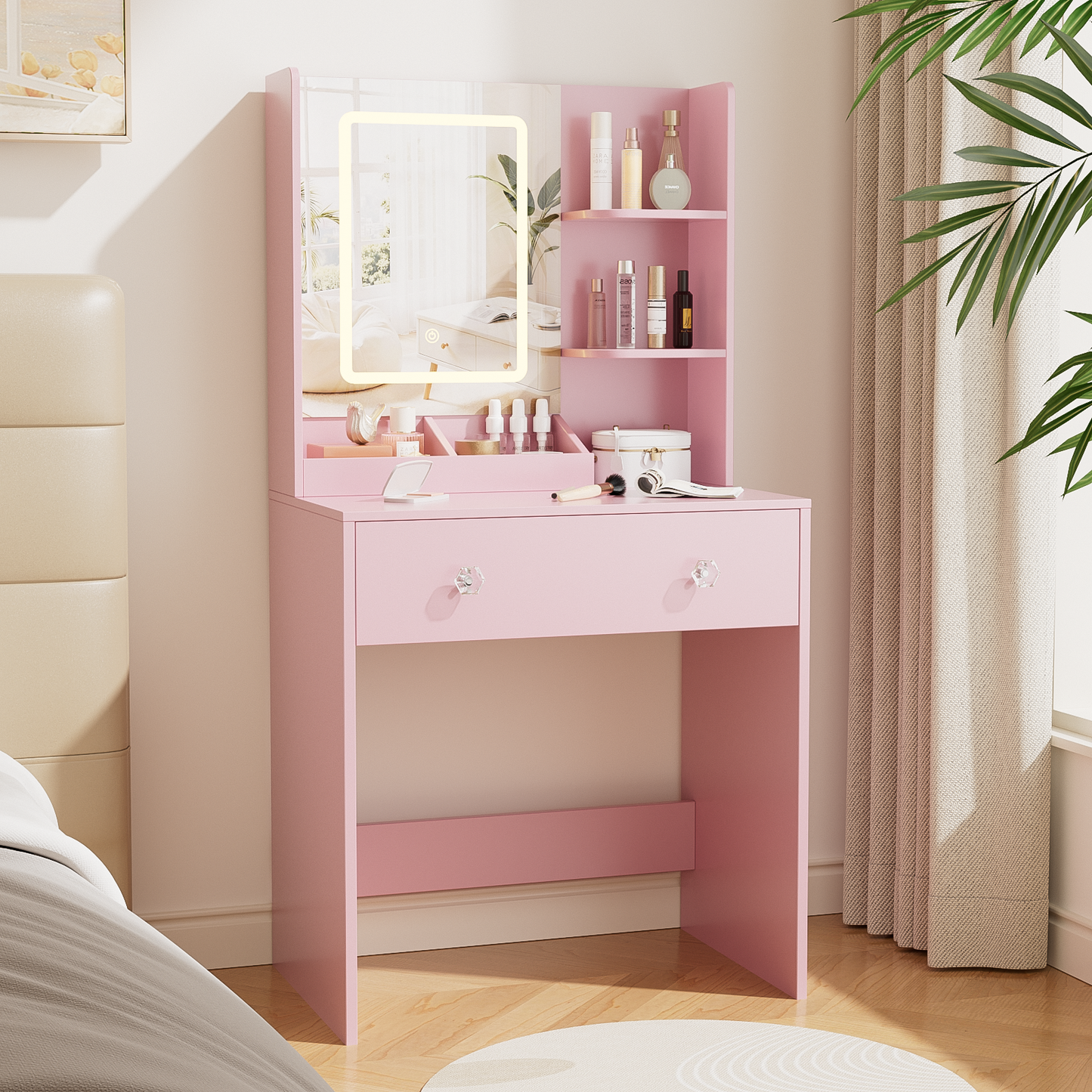 Vanity Desk with Mirror and LED Lights,  Small Pink Makeup Vanity Desk with 2 Drawers, 3 Storage Shelves, 24 Inches Make UP Dressing Table with Power Outlet, 3 Adjustable Lights for Girls Bedroom