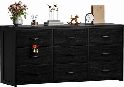 Black Dresser for Bedroom, Long Dresser for Closet, 9 Drawer TV Stand for 65 Inch TV, 15.75” Deepth Fabric Drawer, Chest of Drawer Large Storage Organizer, Hallway Furniture, Wooden Top Side