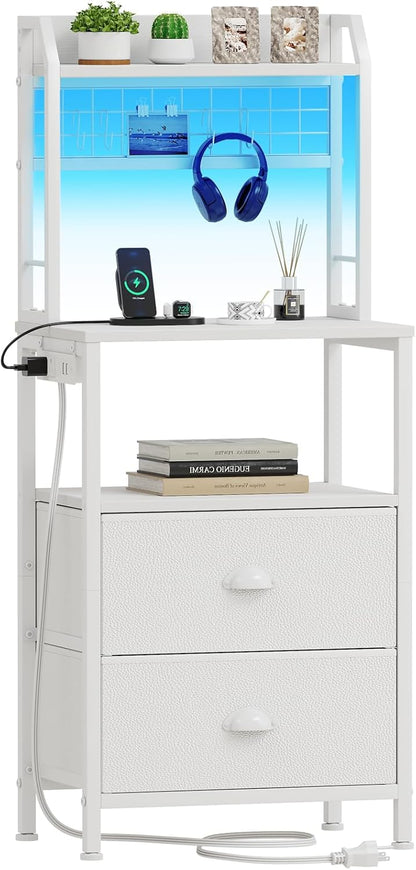Furologee 40" Tall Nightstand with Charging Station, LED Lights & Storage – Bedside Table with Drawers & Pegboard