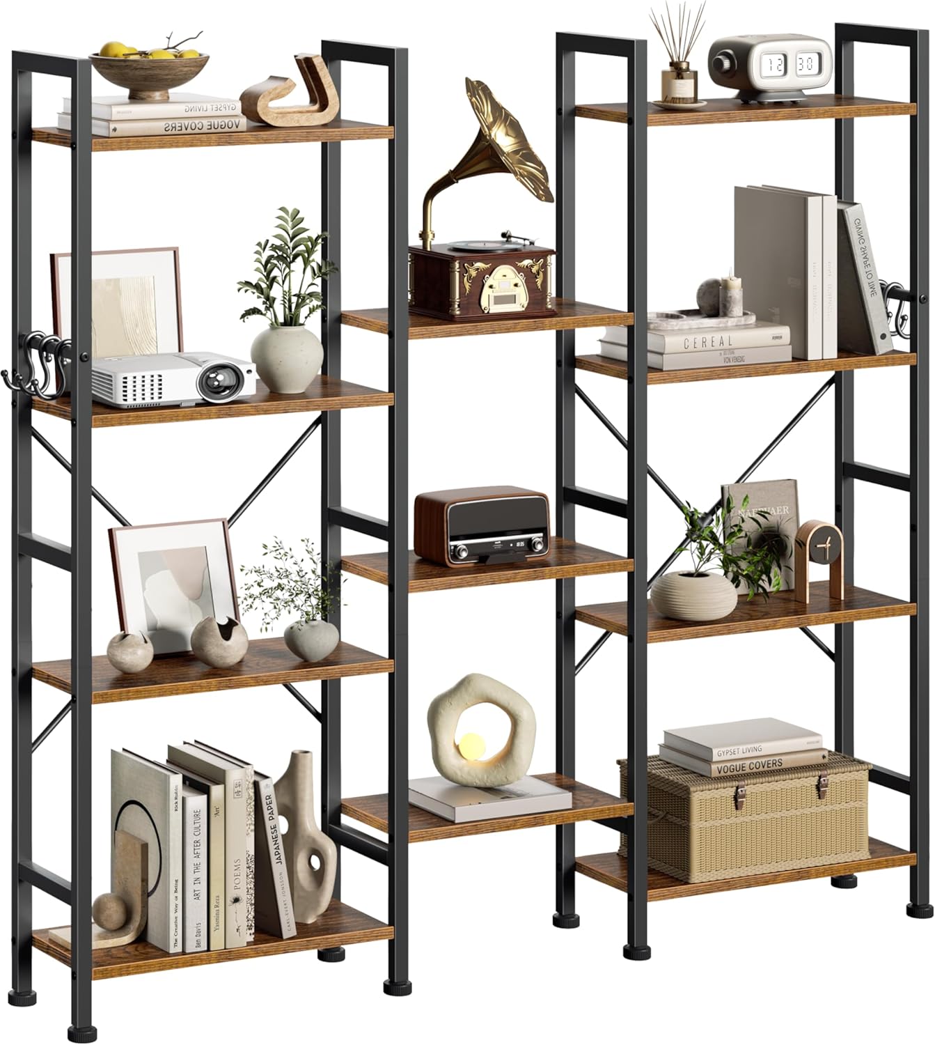 Furologee Triple 4 Tier Bookshelf, Bookcase with 11 Open Display Shelves, Wood and Metal Shelf Storage Organizer,Industrial Wide Shelving Unit for Living Room,Home Office,Rustic Brown