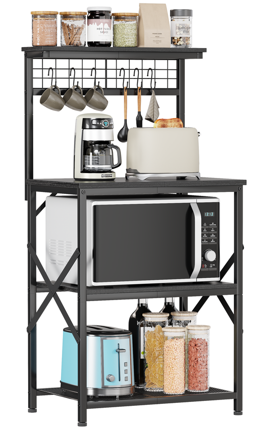 Furologee 4-Tier Kitchen Baker’s Rack with Pegboard & Hooks – Microwave Stand, Coffee Bar Station, Storage Shelf for Spices & Cookware, Black