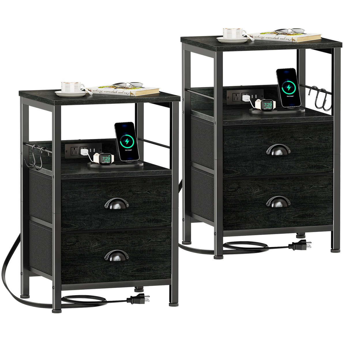 Furologee Nightstands Set of 2 with Charging Station, 2 Fabric Drawers
Night Stand Set 2 with USB & Outlets, Side Table with Storage, Industrial End Table, for Living Room/Bedroom, Dorm, Black Oak