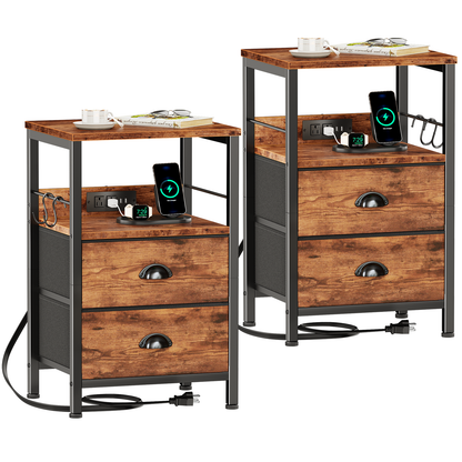 Furologee Nightstands Set of 2 with Charging Station, 2 Fabric Drawers
Night Stand Set 2 with USB & Outlets, Side Table with Storage, Industrial End Table, for Living Room/Bedroom, Rustic Brown