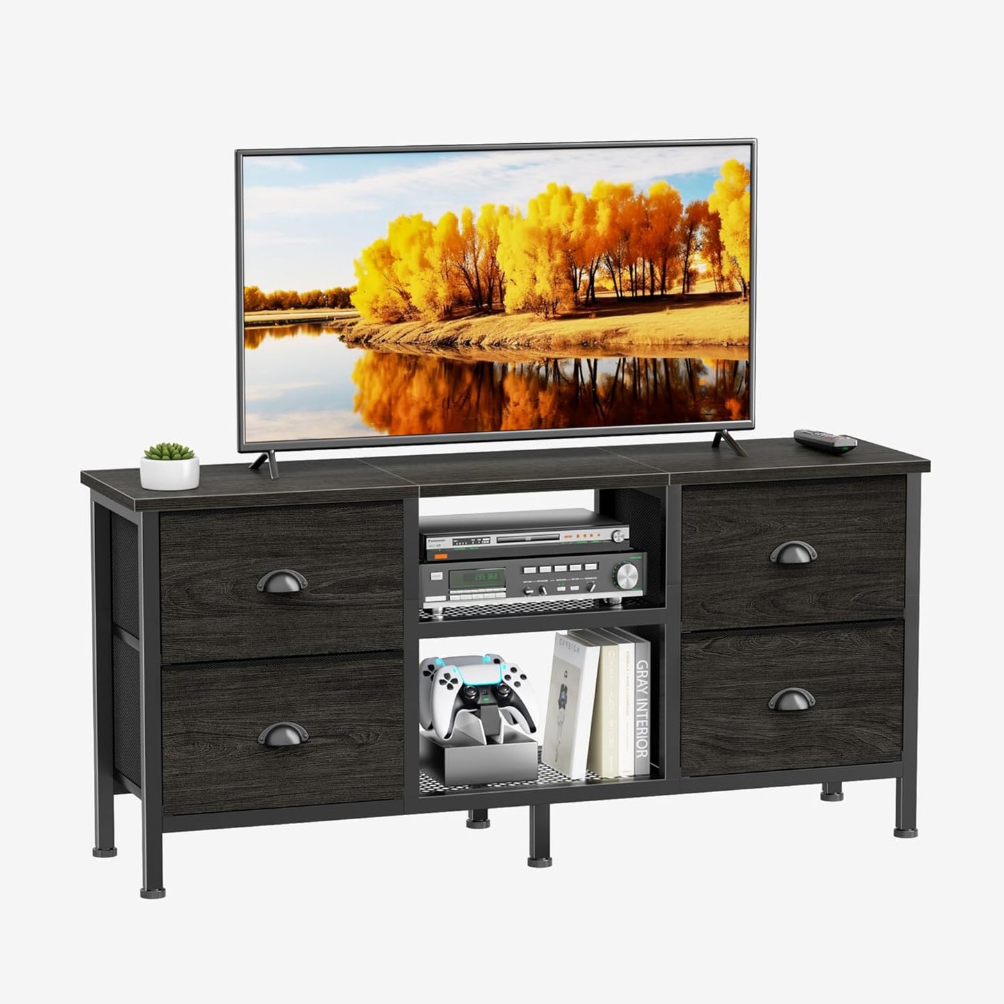 Furologee TV Stand with 4 Drawers, 43 inch Entertainment Center with Open Shelves, Media Center for 50" TV, Television Stand for Bedroom, Living Room/Light Black Oak
