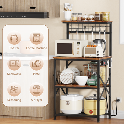 Furologee Kitchen Bakers Rack with Power Outlet, Microwave Oven Stand with Storage 4 Tiers, Coffee Bar Table with 6 S Hooks, Kitchen Storage Shelf Rack for Spices, Pots, Rustic Brown