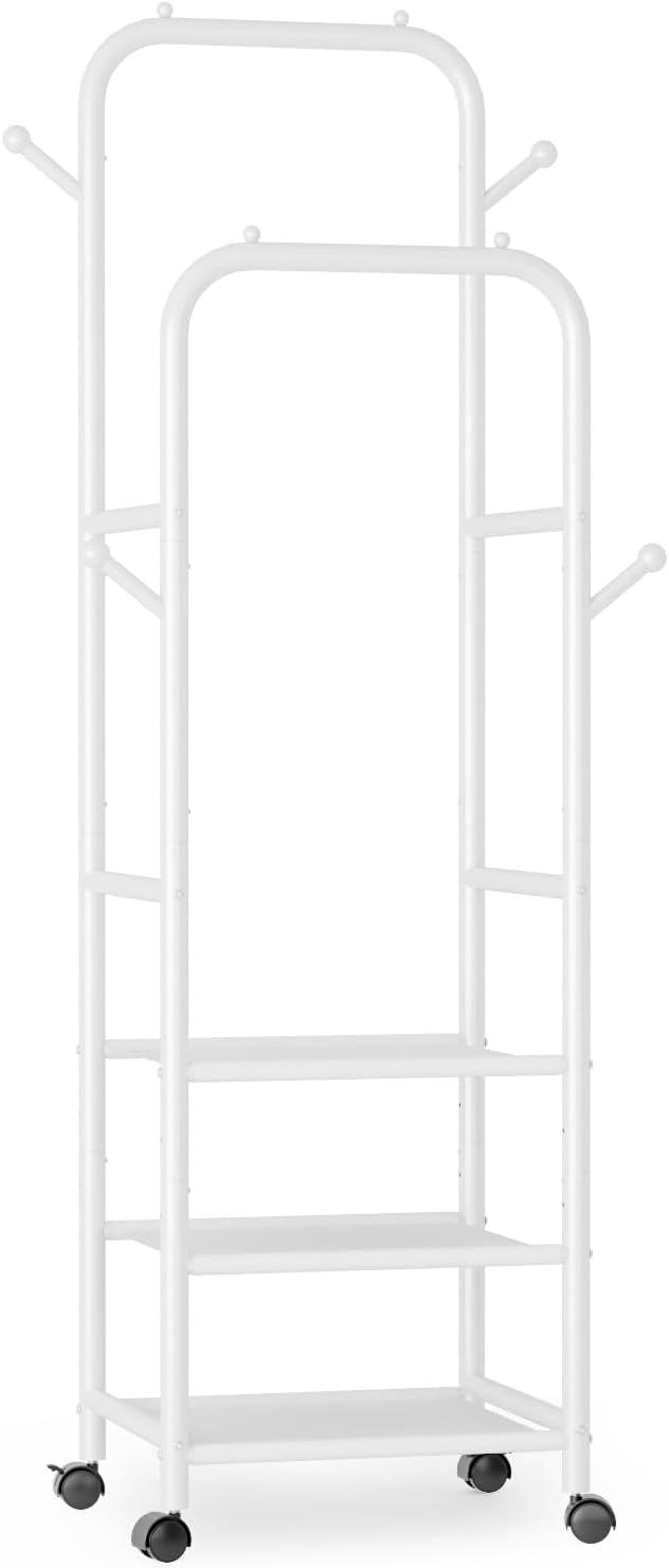 Furologee Portable Clothes Rack for Hanging Clothes, Rolling Clothing Rack With 3-Tier Shelves, Small Garment Rack with Wheels for Bedroom Living Room Laundry Room, White
