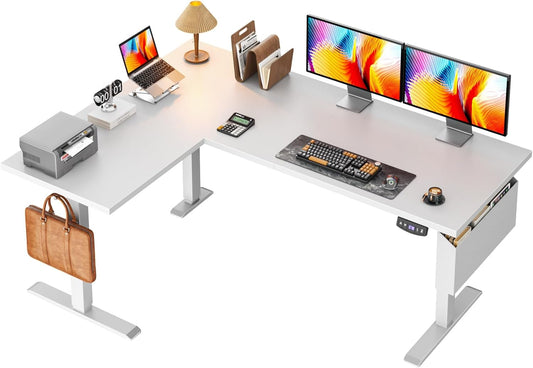 Furologee 63" L Shaped Standing Desk, Reversible Sit Stand up Computer Desk with Drawers White