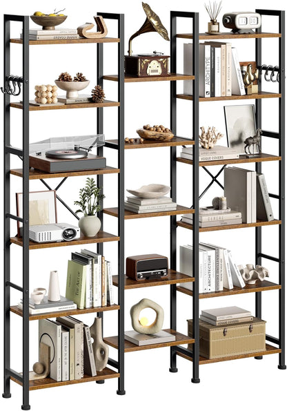 Furologee Triple 6 Tier Bookshelf, Bookcase with 17 Open Display Shelves, Wood and Metal Shelf Storage Organizer,Industrial Wide Shelving Unit for Living Room,Home Office,Rustic Brown