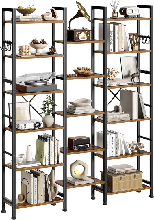 Furologee Triple 6 Tier Bookshelf, Bookcase with 17 Open Display Shelves, Wood and Metal Shelf Storage Organizer,Industrial Wide Shelving Unit for Living Room,Home Office,Rustic Brown