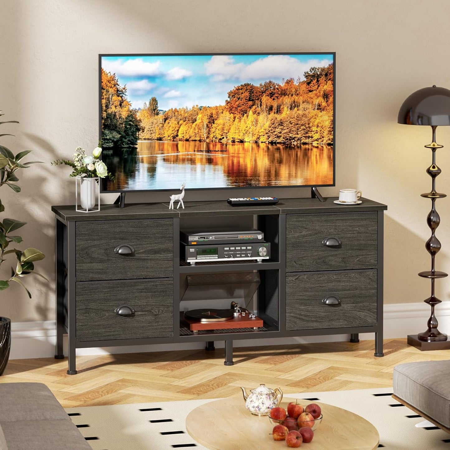 Furologee TV Stand with 4 Drawers, 43 inch Entertainment Center with Open Shelves, Media Center for 50" TV, Television Stand for Bedroom, Living Room/Light Black Oak