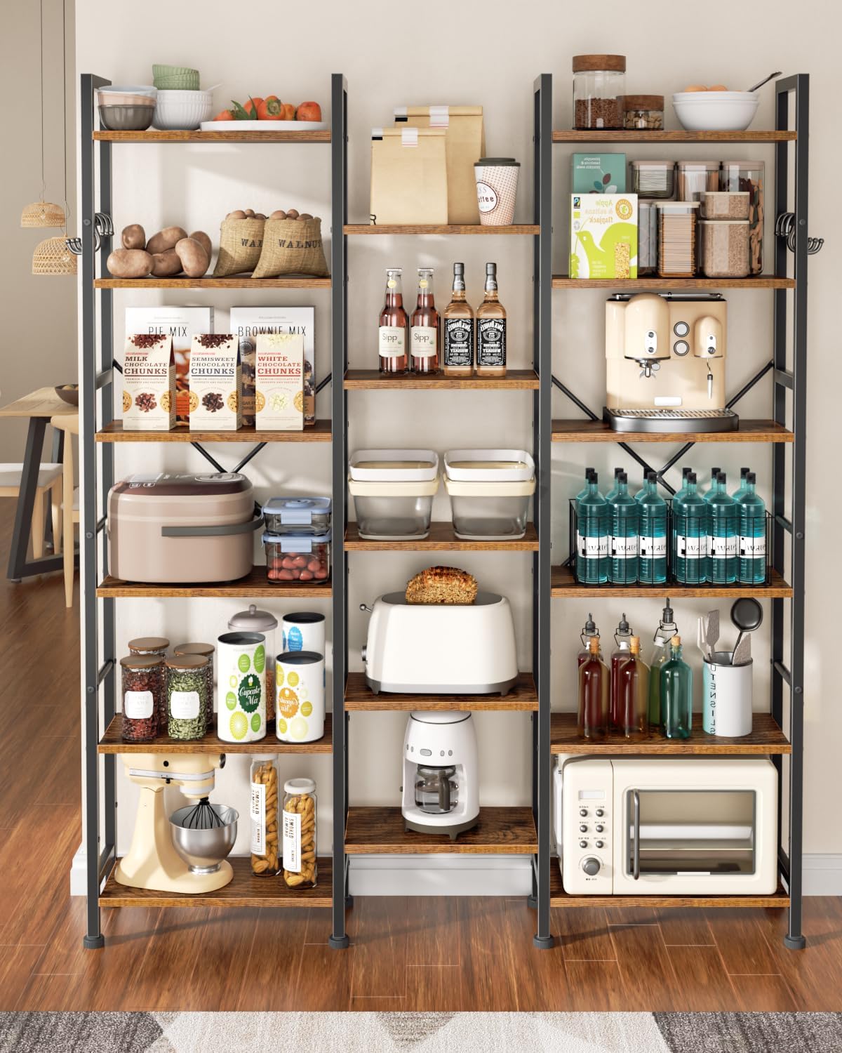 Furologee Triple 6 Tier Bookshelf, Bookcase with 17 Open Display Shelves, Wood and Metal Shelf Storage Organizer,Industrial Wide Shelving Unit for Living Room,Home Office,Rustic Brown