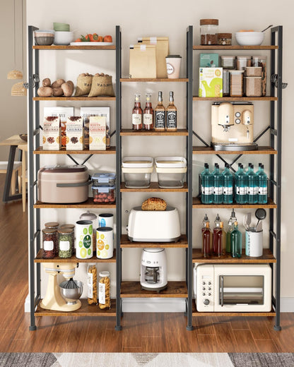 Furologee Triple 6 Tier Bookshelf, Bookcase with 17 Open Display Shelves, Wood and Metal Shelf Storage Organizer,Industrial Wide Shelving Unit for Living Room,Home Office,Rustic Brown