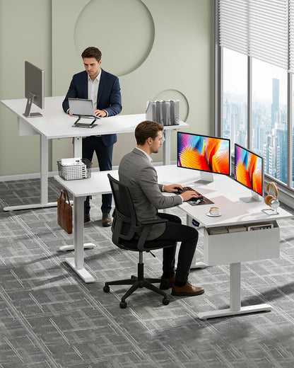 Furologee 63" L Shaped Standing Desk, Reversible Sit Stand up Computer Desk with Drawers White