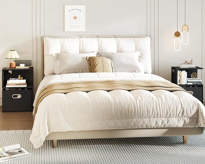 Modern 3-Tier Bedside Table with Charging Station and Storage Drawer, Wood Nightstand for Small Spaces in Bedroom or Living Room
