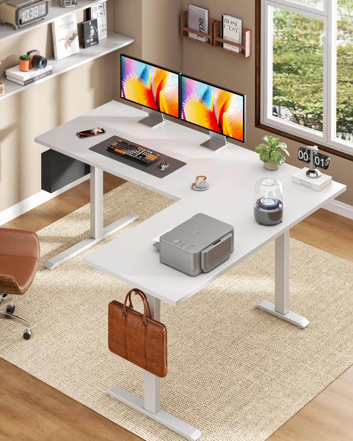Furologee 63" L Shaped Standing Desk, Reversible Sit Stand up Computer Desk with Drawers White
