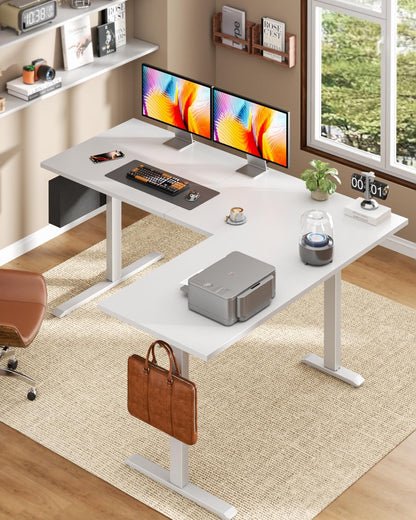 Furologee 63" L Shaped Standing Desk, Reversible Sit Stand up Computer Desk with Drawers White