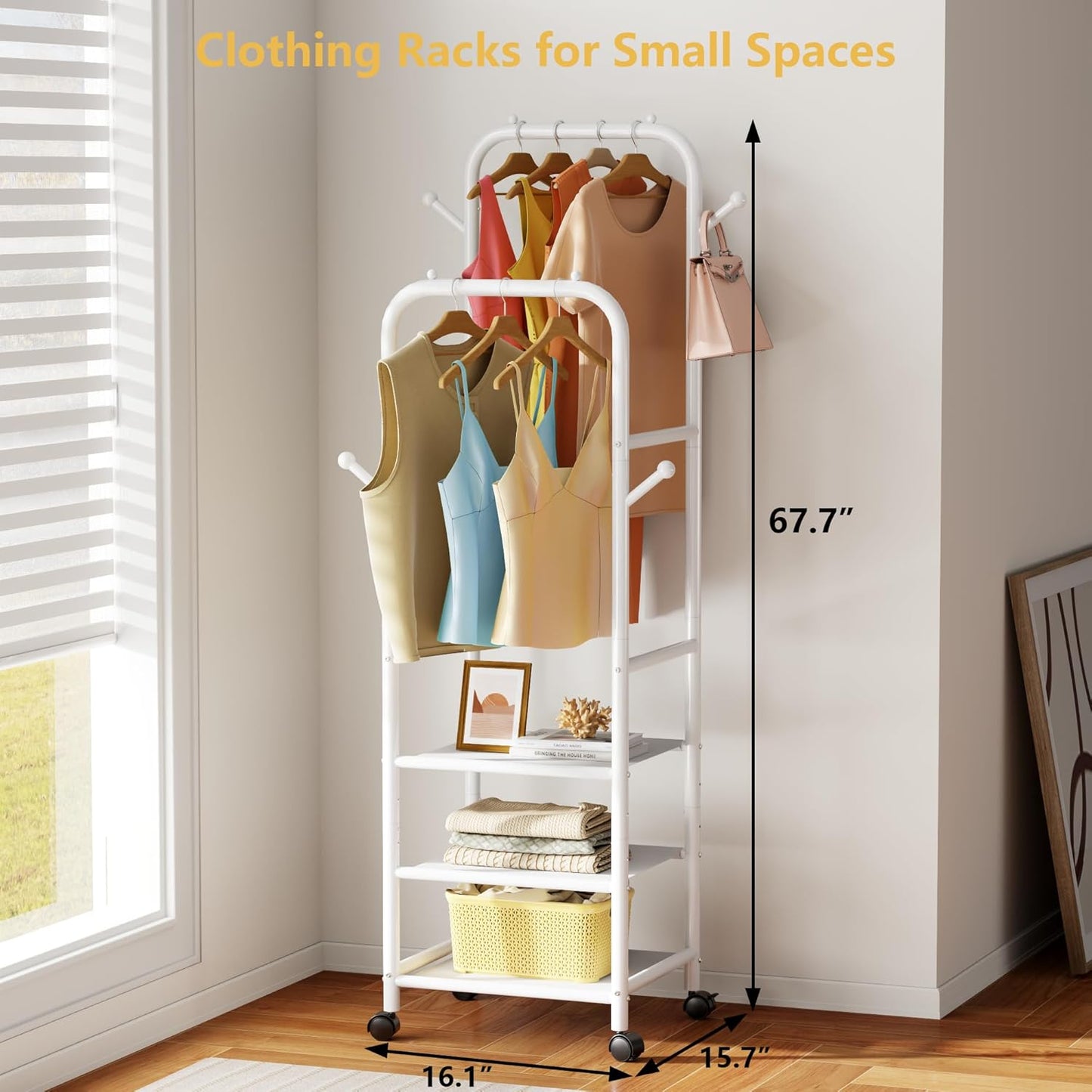 Furologee Portable Clothes Rack for Hanging Clothes, Rolling Clothing Rack With 3-Tier Shelves, Small Garment Rack with Wheels for Bedroom Living Room Laundry Room, White