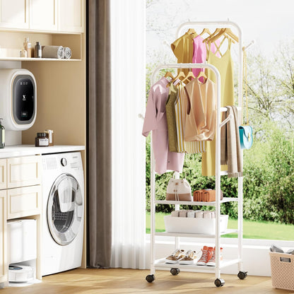 Furologee Portable Clothes Rack for Hanging Clothes, Rolling Clothing Rack With 3-Tier Shelves, Small Garment Rack with Wheels for Bedroom Living Room Laundry Room, White