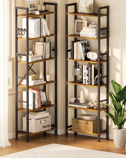 Furologee Triple 6 Tier Bookshelf, Bookcase with 17 Open Display Shelves, Wood and Metal Shelf Storage Organizer,Industrial Wide Shelving Unit for Living Room,Home Office,Rustic Brown