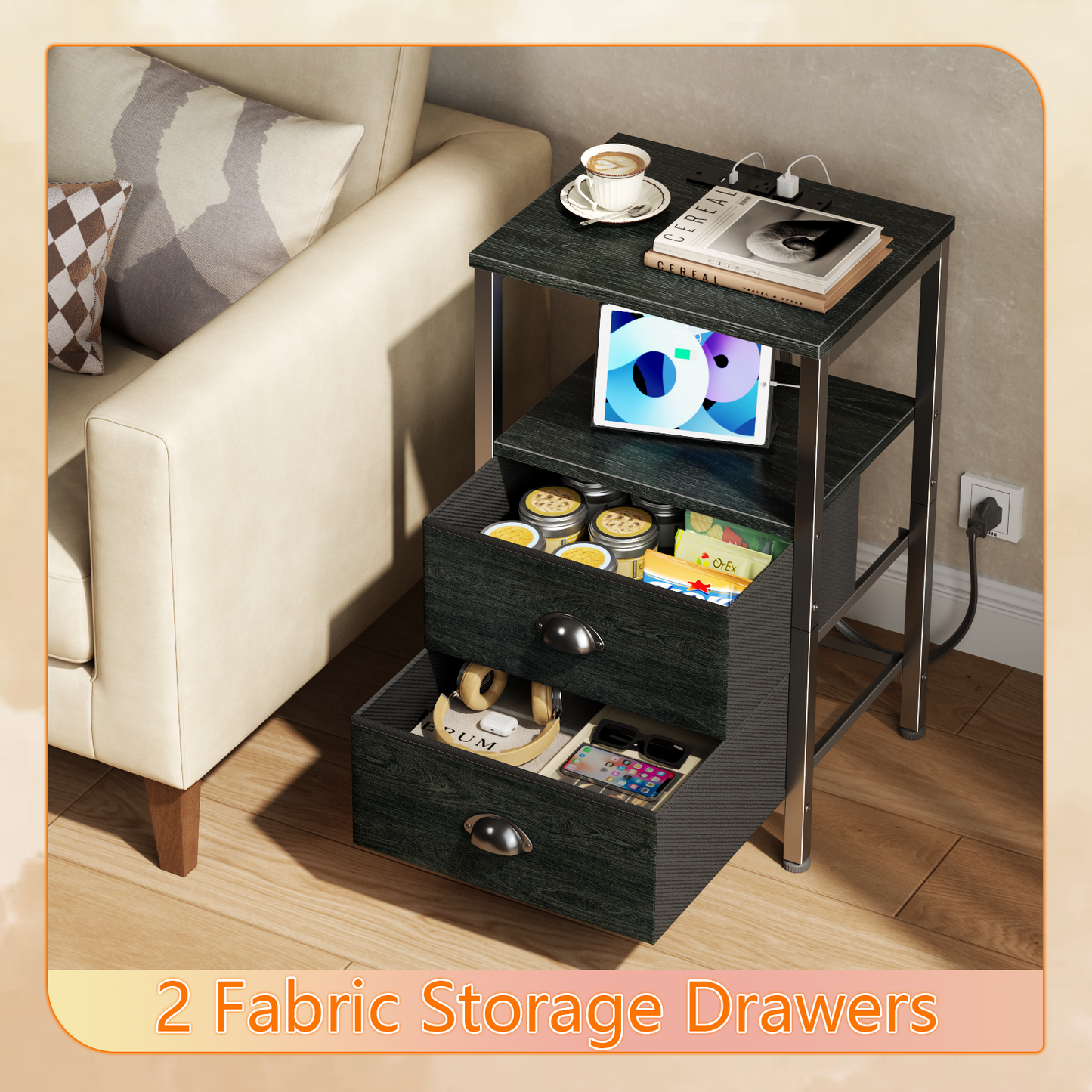 Furologee Nightstands Set of 2, End Tables with Charging Station and LED Lights, Black Night Stands with 2 Fabric Drawers, Bedside Tables Set of 2 for Living Room/Bedroom,Black Oak