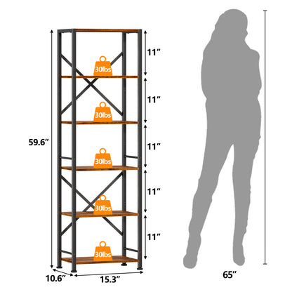 Furologee 6 Tier Bookshelf, Tall Narrow Bookcase, Rustic Brown 59.6'' Tall Industrial Display Shelf, Freestanding Units for Bedroom, Living Room, Office, Bathroom, Holds 30lbs per tier