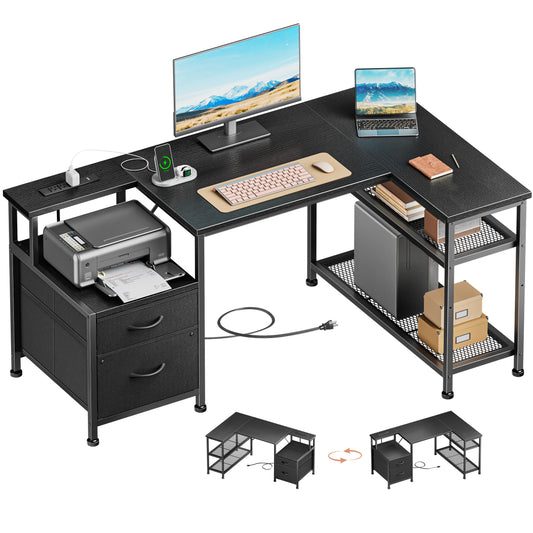 Furologee 49 Inch L Shaped Computer Desk with Power Outlets, Home Office Desk with Fabric Drawer & File Cabinet, Reversible Corner Gaming Desk with Printer Stand, for Working, Studying, Gaming, Black
