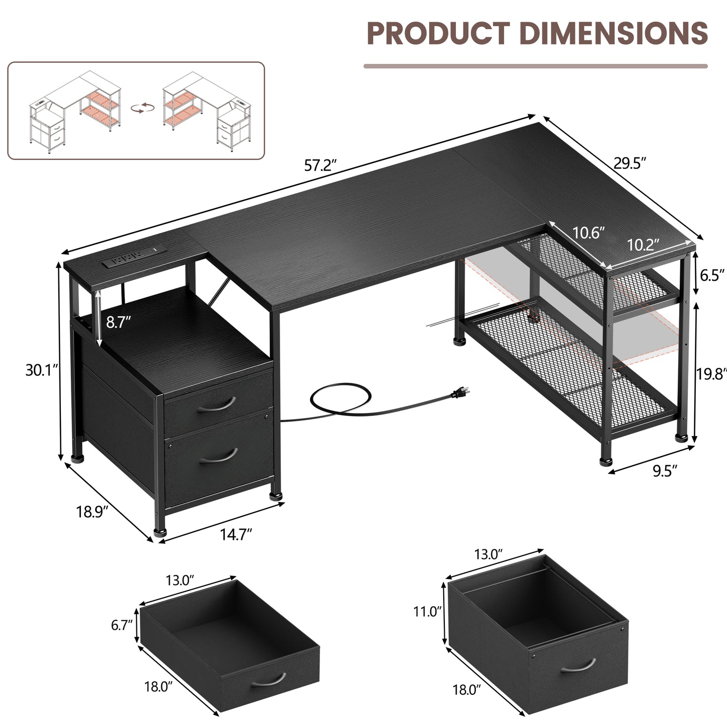 Furologee 57 Inch L Shaped Computer Desk with Power Outlets, Reversible Home Office Desk with Fabric Drawers, File Cabinet, Printer Table, Metal Storage Shelves, Corner Desk for Small Space, Black