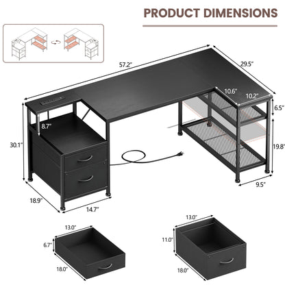 Furologee 57 Inch L Shaped Computer Desk with Power Outlets, Reversible Home Office Desk with Fabric Drawers, File Cabinet, Printer Table, Metal Storage Shelves, Corner Desk for Small Space, Black