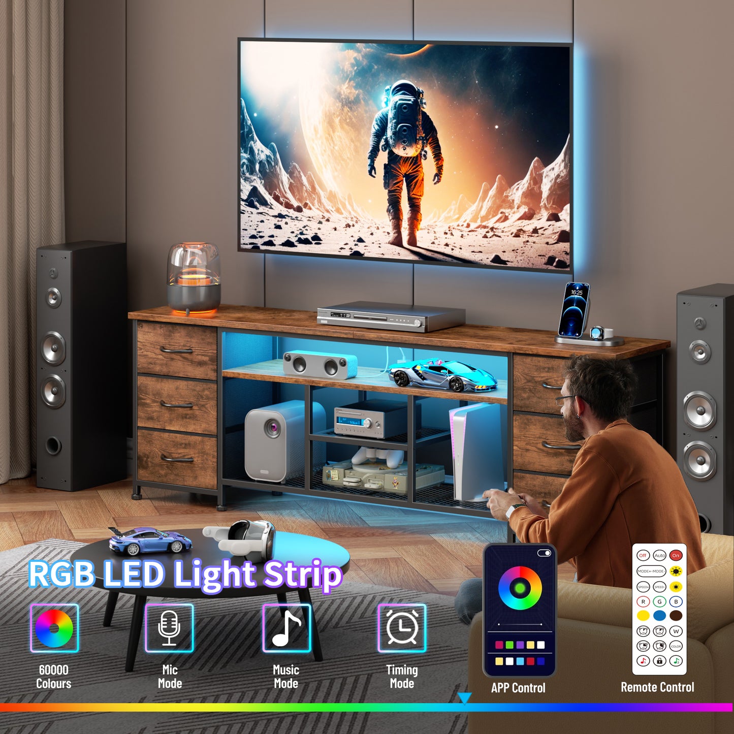 Furologee LED TV Stand for 65, 70, 80 Inch TV, 71 Inch Entertainment Center with Power Outlets, 6 Fabric Drawers Dresser for Bedroom, Media Console with Open Shelves, PU Leather Surface, Black