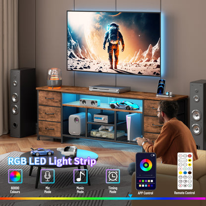 Furologee LED TV Stand for 65, 70, 80 Inch TV, 71 Inch Entertainment Center with Power Outlets, 6 Fabric Drawers Dresser for Bedroom, Media Console with Open Shelves, PU Leather Surface, Black