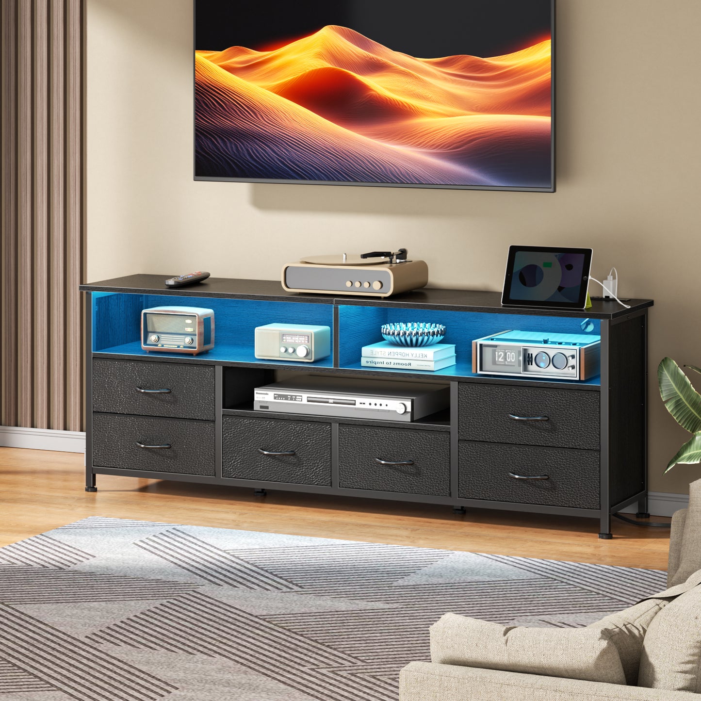 Furologee 63 Inch Entertainment Center Dresser for Bedroom, TV Stand for 65 70 Inch TVs, 6 Drawers Dresser with Power Outlets and LED Lights, Media Console with PU Leather Surface for Living Room