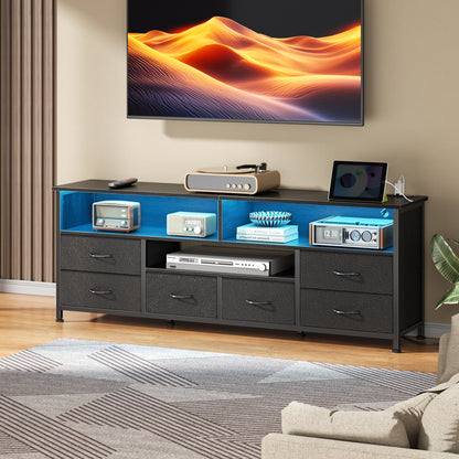 Furologee 63 Inch Entertainment Center Dresser for Bedroom, TV Stand for 65 70 Inch TVs, 6 Drawers Dresser with Power Outlets and LED Lights, Media Console with PU Leather Surface for Living Room