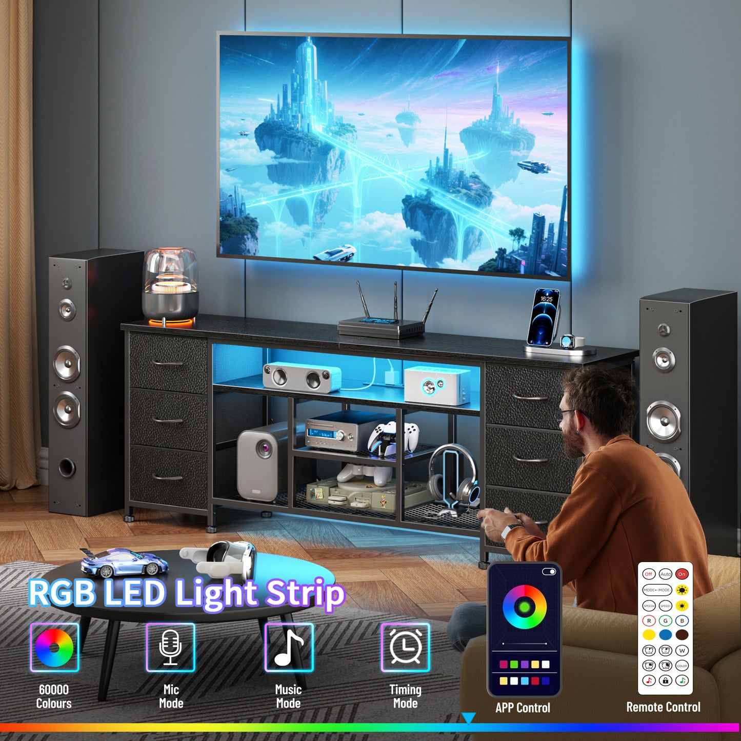 Furologee LED TV Stand for 65, 70 Inch TV, 63 Inch Entertainment Center with Power Outlets, 6 Fabric Drawers Dresser for Bedroom, Media Console with Open Shelves, PU Leather Surface, Black
