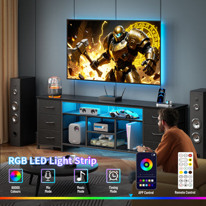 Furologee LED TV Stand for 65, 70, 80 Inch TV, 71 Inch Entertainment Center with Power Outlets, 6 Fabric Drawers Dresser for Bedroom, Media Console with Open Shelves, PU Leather Surface, Rustic Brown