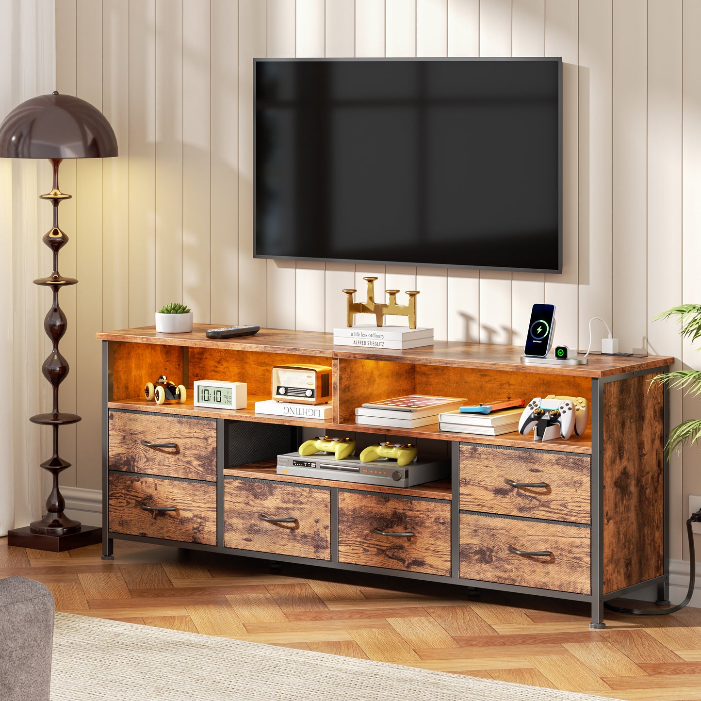 55" LED TV Stand for Bedroom with Power Outlets, Entertainment Center with 6 Fabric Drawers for 50/55/60 inch TVs, Dresser TV Stand Long Console Media Table for Living Room, Rustic Brown