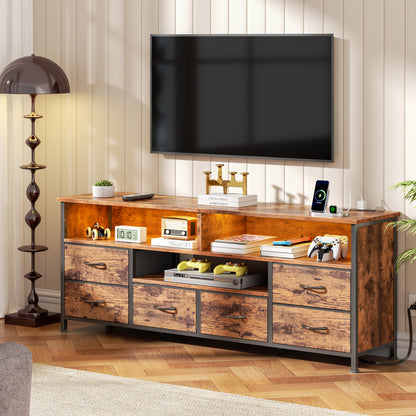 55" LED TV Stand for Bedroom with Power Outlets, Entertainment Center with 6 Fabric Drawers for 50/55/60 inch TVs, Dresser TV Stand Long Console Media Table for Living Room, Rustic Brown