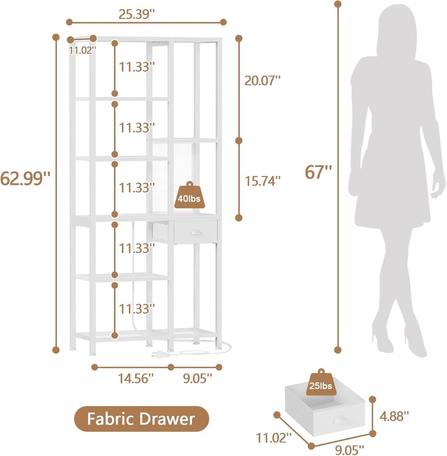 Furologee 6-Tier Bookshelf with Drawer & Charging Station – Tall Open Bookcase for Living Room, Bedroom, Home Office,