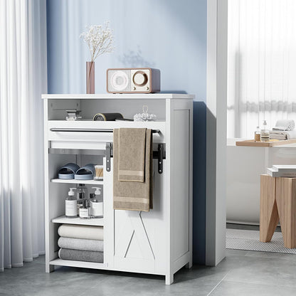 Storage Cabinet with Tray Drawer, White Farmhouse Coffee Bar Cabinet with Sliding Door for Bathroom Bedroom Living Room Laundry Kitchen