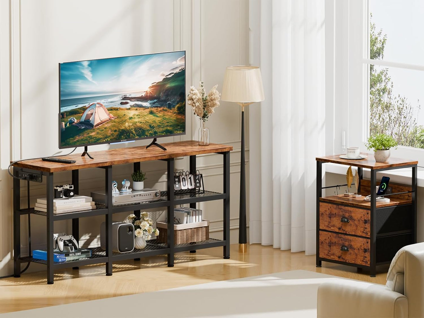 Furologee 3-Tier TV Stand for TVs up to 50” – Small Industrial Media Console with Open Storage Shelves for Living Room or Bedroom