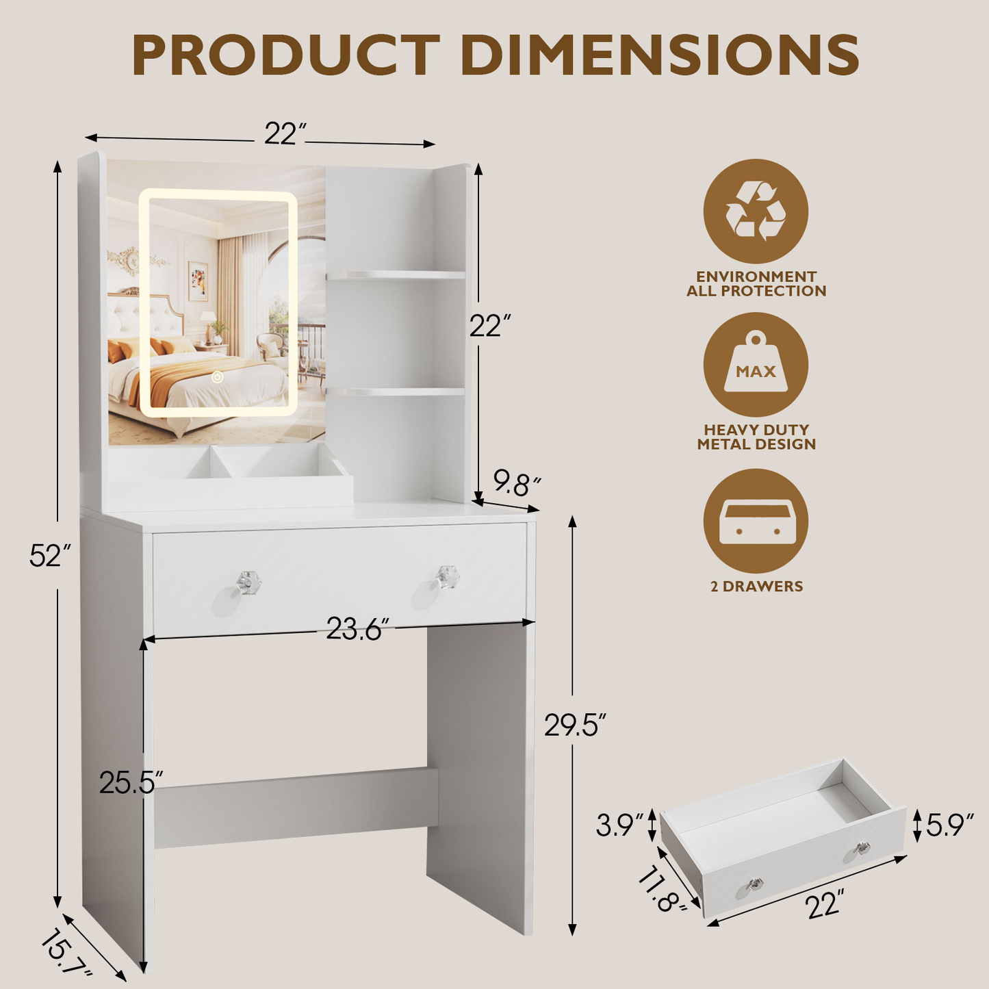 Vanity Desk with Mirror and LED Lights,  Small Makeup Vanity Desk with 2 Drawers, 3 Storage Shelves, 24 Inches Make UP Dressing Table with Power Outlet, 3 Adjustable Lights for Girls Bedroom, White