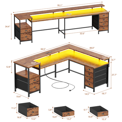 Furologee 66'' L Shaped Computer Desk with 6 Drawers & LED, Rustic Brown
, Reversible Large Corner Desk with Printer Storage Shelves,LED Lights,Monitor Stand for Home Office,Working Writing Study