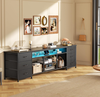 Furologee 71 Dresser TV Stand with LED Lights & Charging Station Black Chest of Drawers with 6 Fabric Drawers for 70 75 80 inch TVs Open Storage Shelves TV Stand for Bedroom Living Room