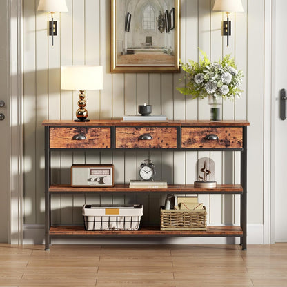 Furologee 47” Entryway Console Table with Drawers & Storage Shelves, Industrial Sofa Table for Hallway or Living Room