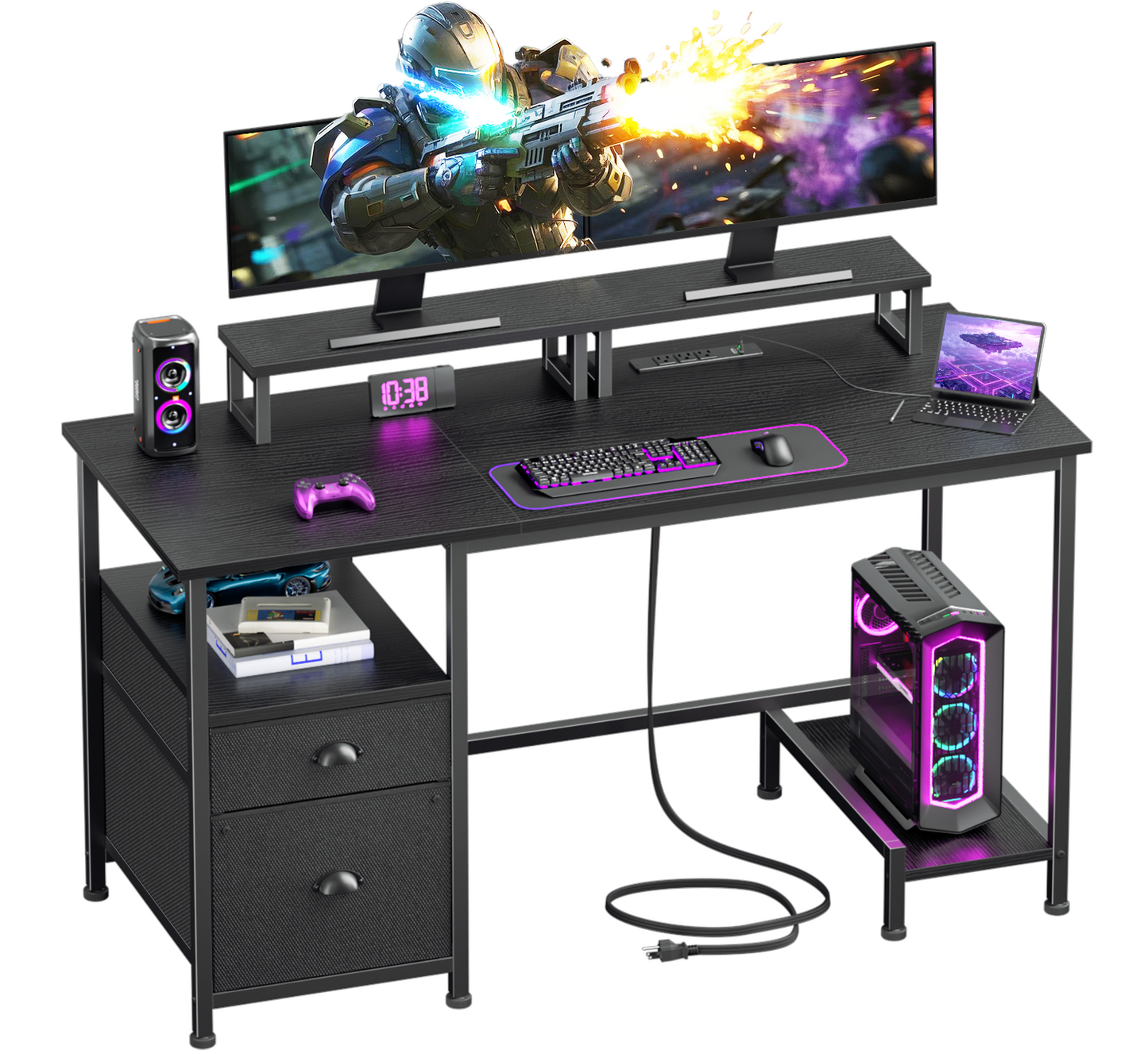 Furologee 47" Computer Desk with File Cabinet and Power Outlets, Home Office Desk with 2 Monitor Stands and Storage Drawer, Writing Gaming Table with Shelves and 2 Hooks for Bedroom, Rustic Brown