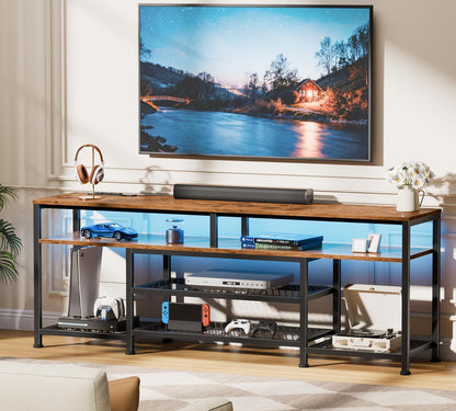Furologee TV Stand with Power Outlets and LED Lights, 63 Inch Entertainment Center for 60 65 70 Inch TVs, Media Console Table with Open Shelves, for Bedroom, Living Room, Rustic Brown
