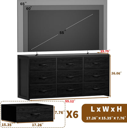 Black Dresser for Bedroom, Long Dresser for Closet, 9 Drawer TV Stand for 65 Inch TV, 15.75” Deepth Fabric Drawer, Chest of Drawer Large Storage Organizer, Hallway Furniture, Wooden Top Side